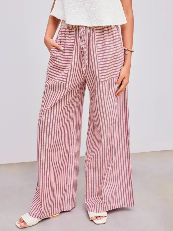 Woven Mid Rise Stripe Knotted Pocket Trousers