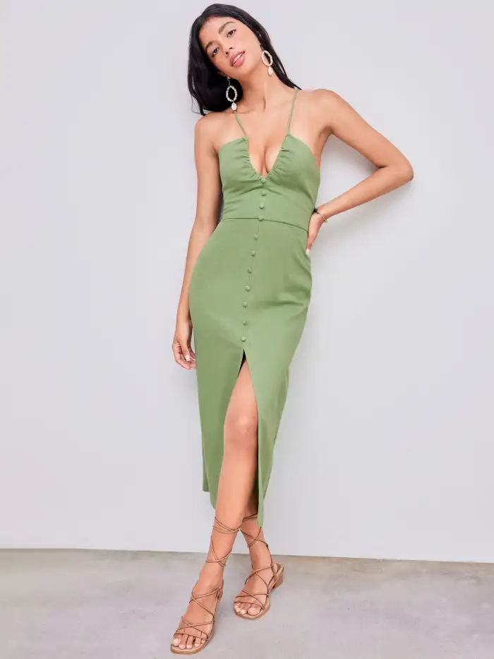 Linen Dress Linen-blend Linen-blend Halter Button Split Tie Back Midi Dress  For Date Vacation