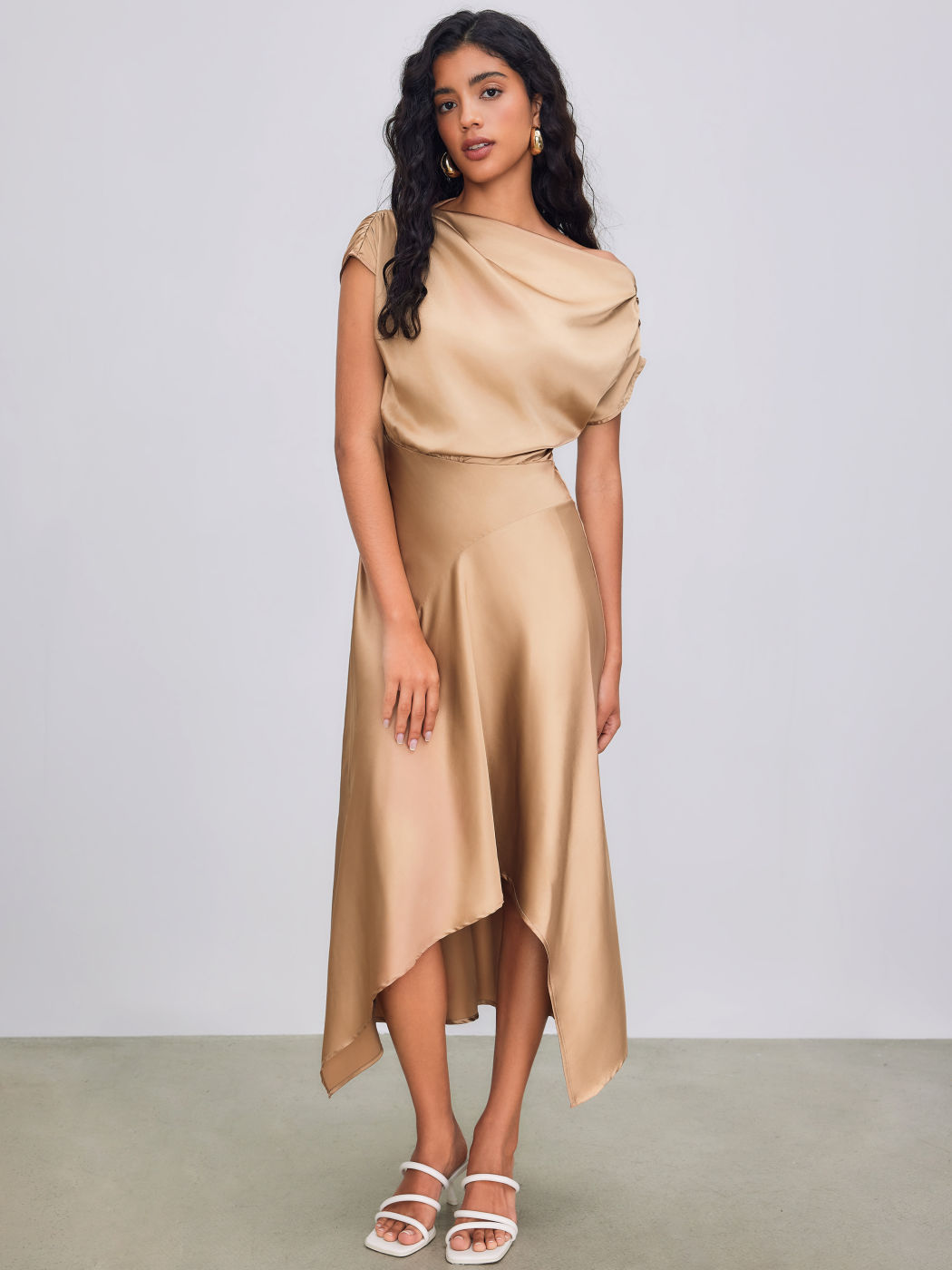 Woven Asymmetrical Boat Neck Ruffle Maxi Dress For Party/Clubbing