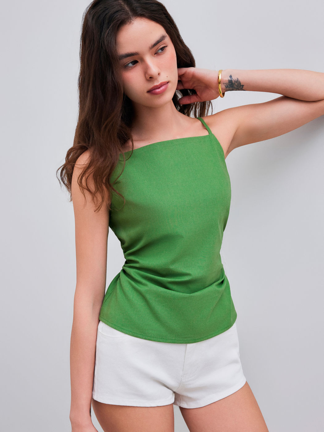 Linen-blend Square Neck Solid Ruched Knotted Cami Top