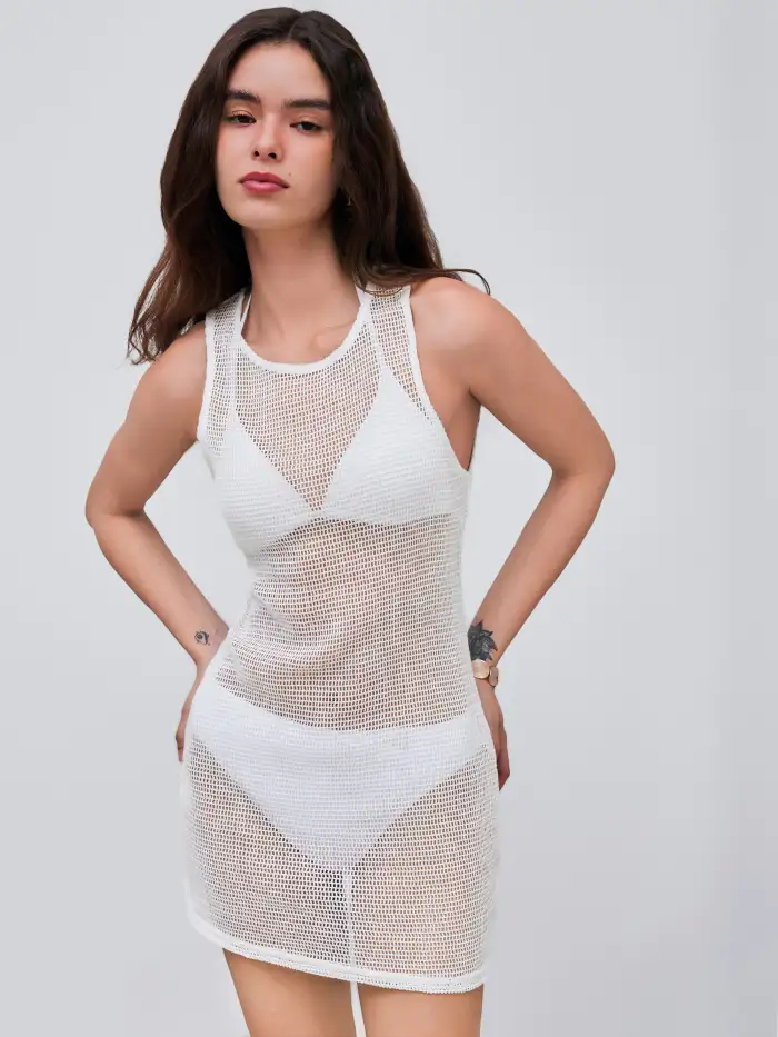 Mesh Round Neck Solid See-through Mini Dress For Vacation Mesh Round Neck Solid See-through Mini Dress For Vacation