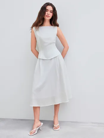 Woven Boat Neck Solid Tank Top & Mid Rise Midi Skirt