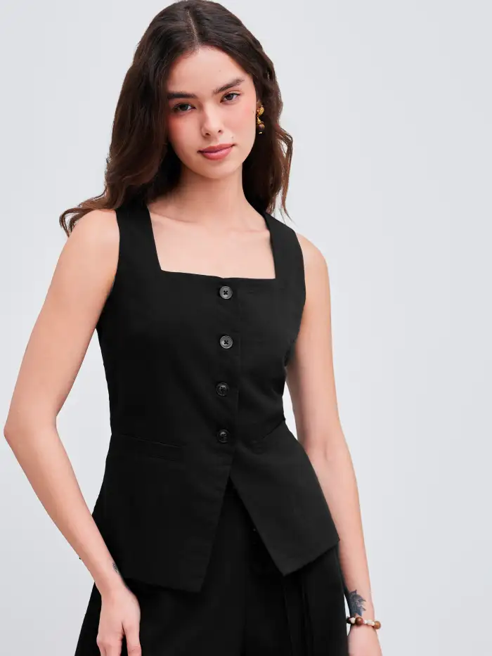 Square Neck Solid Button Vest