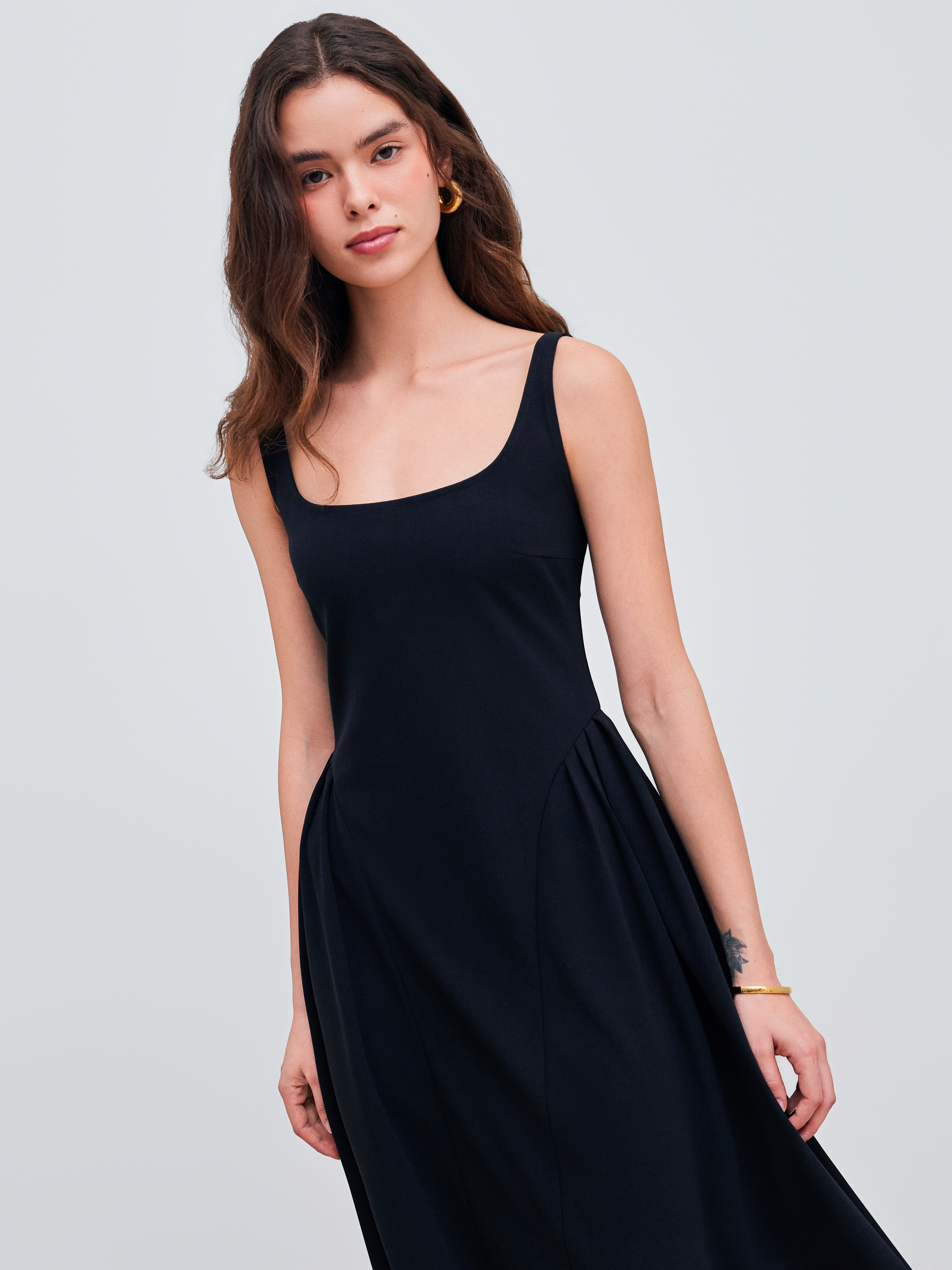 Woven Square Neck Solid Midi Dress