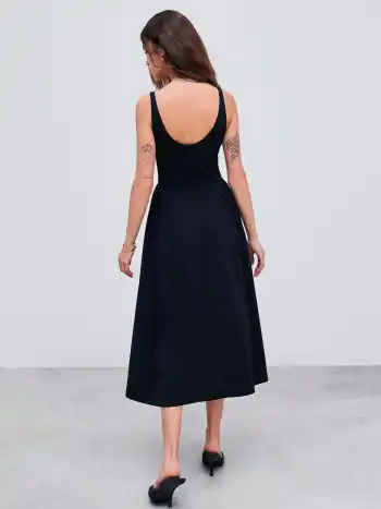 Woven Square Neck Solid Midi Dress