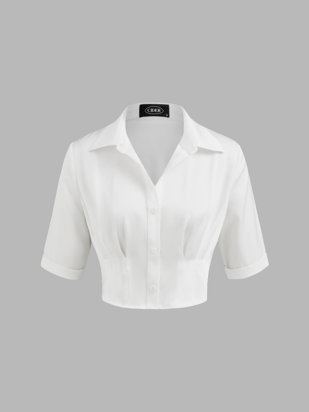 Satin Collar Solid Crop Short Sleeve Shirt