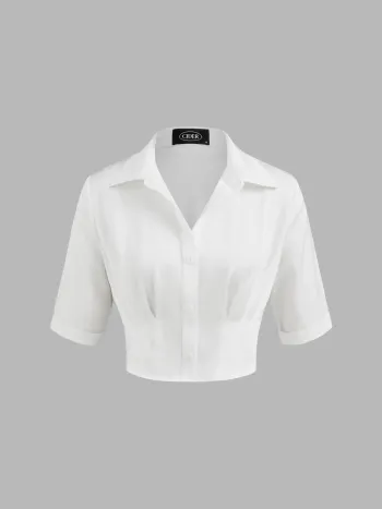 Satin Kragen Solid Crop Kurzarmhemd