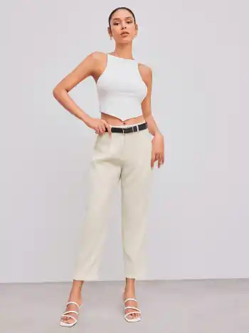 Hoch taillierte einfarbige Cropped Tapered Hosen mit Gürtel