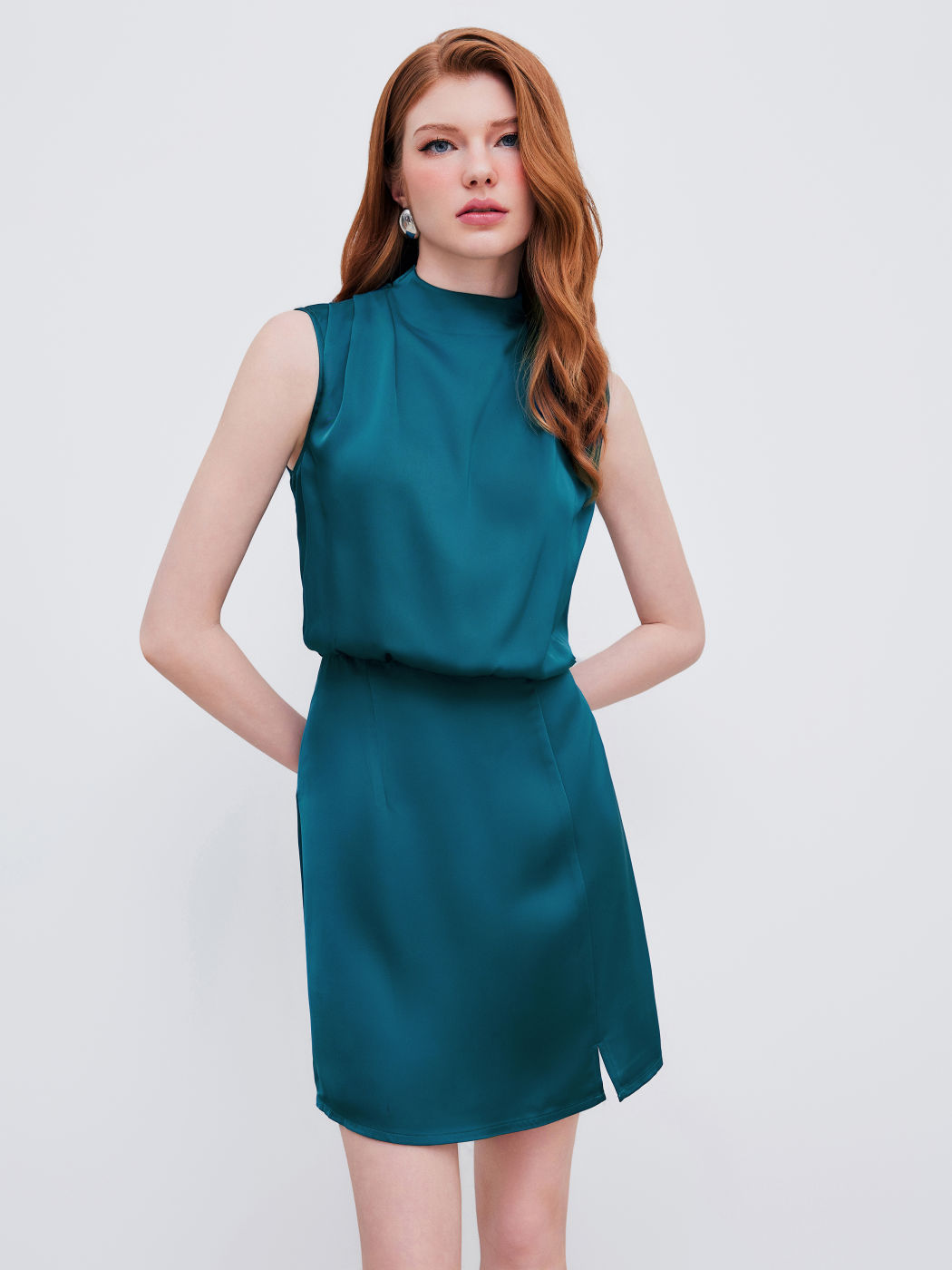 Woven Stand Collar Knotted Cut Out Mini Dress