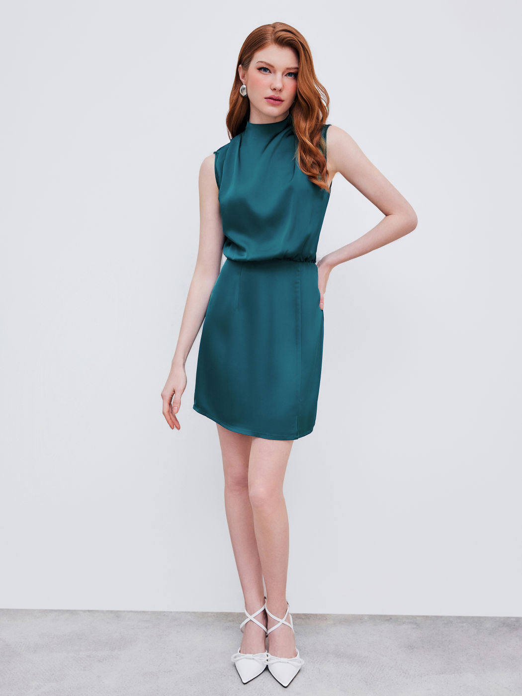 Woven Stand Collar Knotted Cut Out Mini Dress