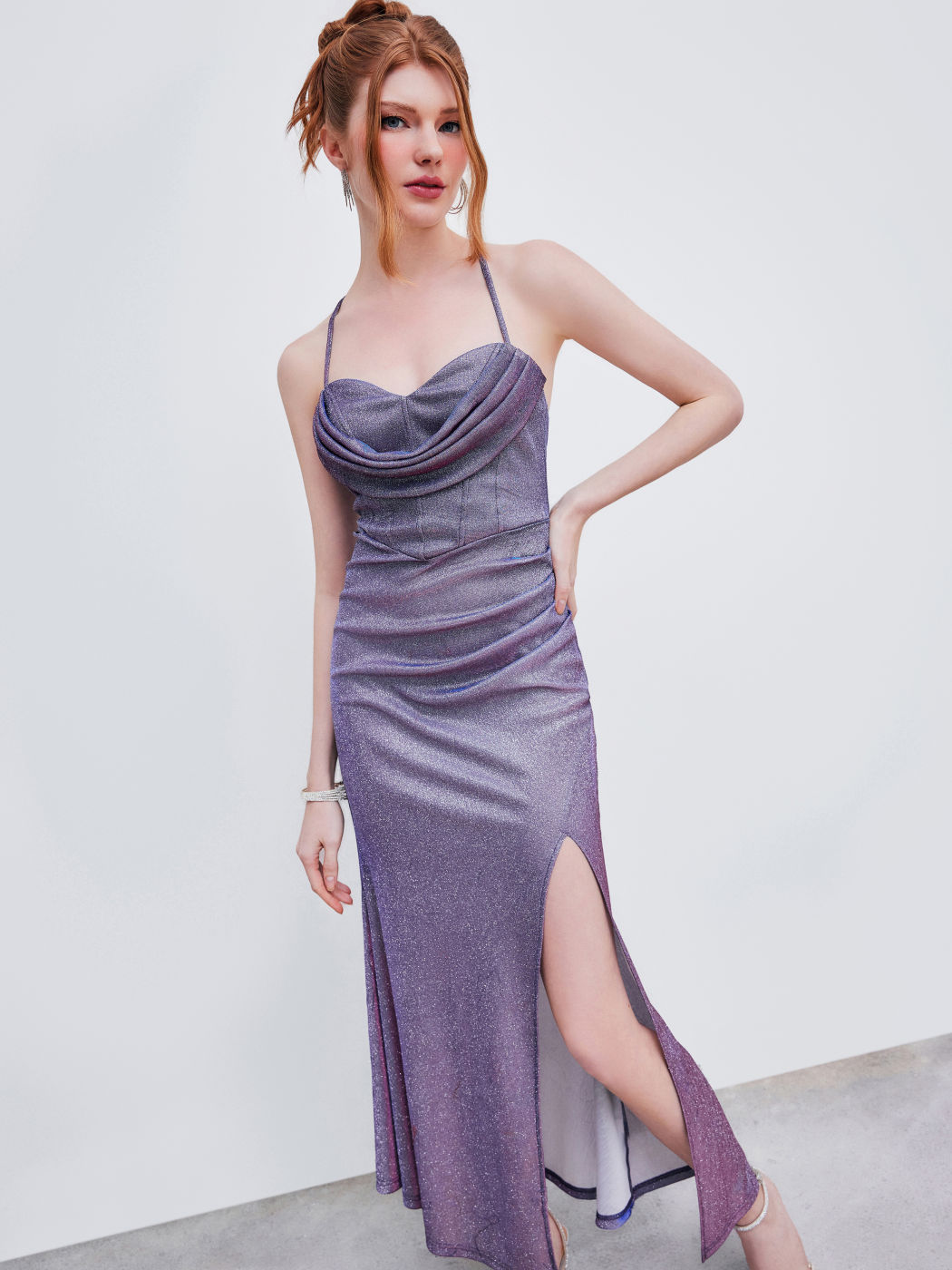 Glitter Cowl Neck Criss Cross Split Maxi Dress