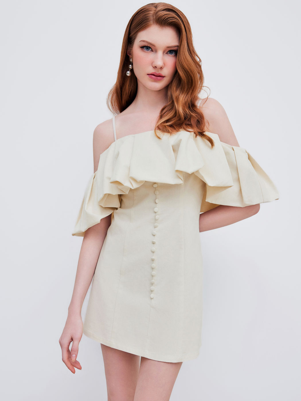 Linen-blend Off-shoulder Solid Ruffle Mini Dress