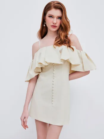 Linen-blend Off-shoulder Solid Ruffle Mini Dress
