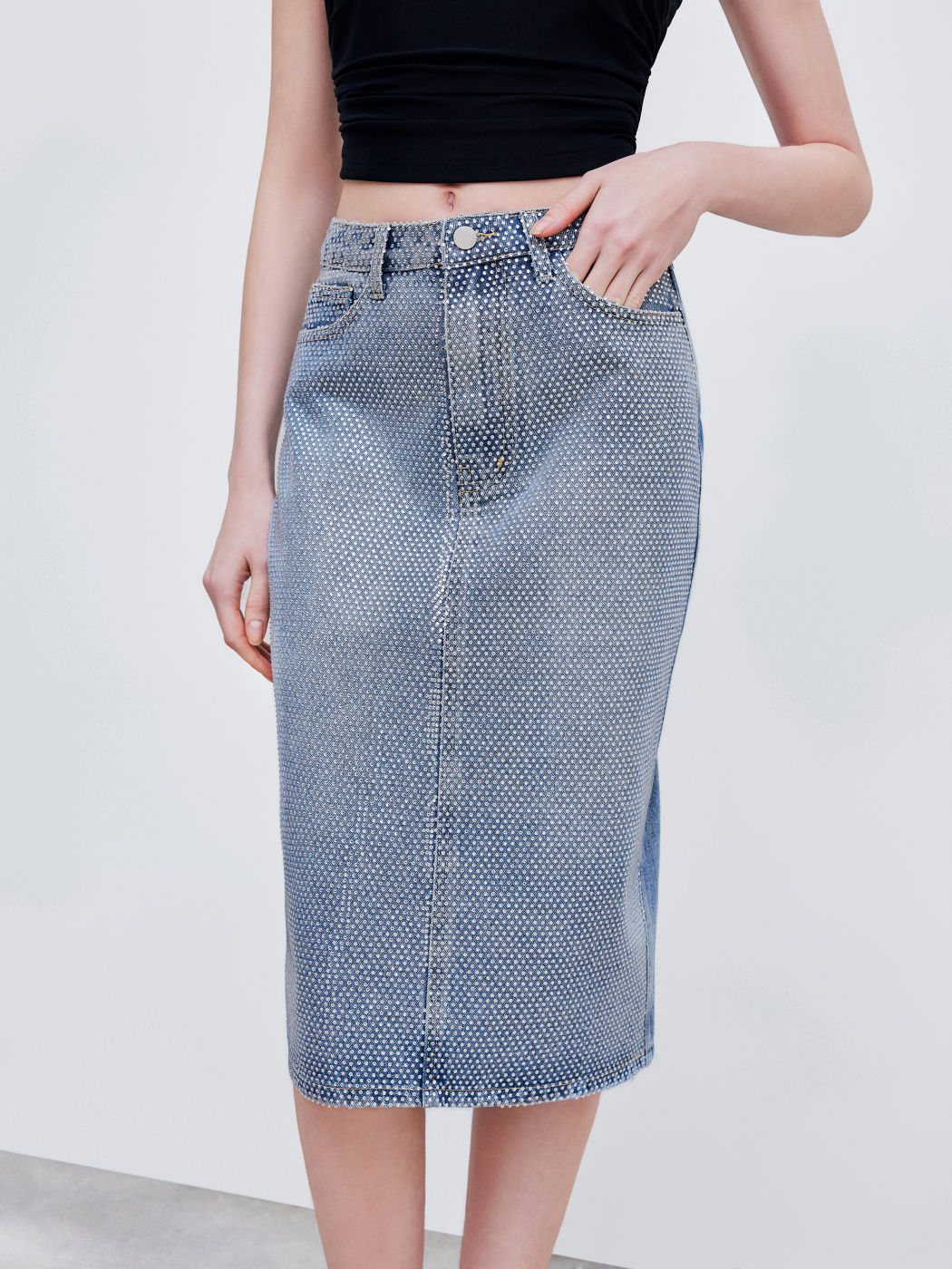Cider Denim High Rise Rhinestone Split Maxi Skirt
