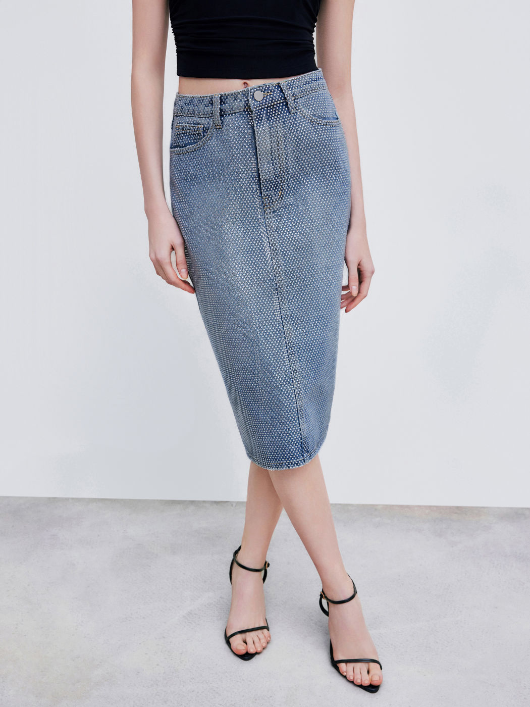 Cider Denim High Rise Rhinestone Split Maxi Skirt