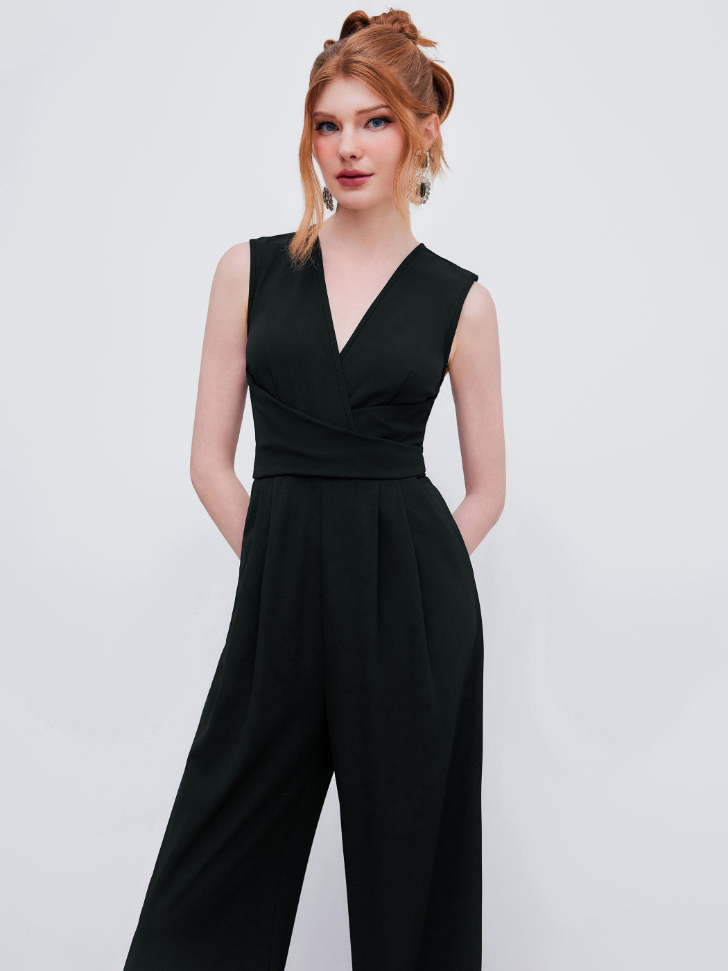 V-neck Wrap Zipper Wide Leg Jumpsuit