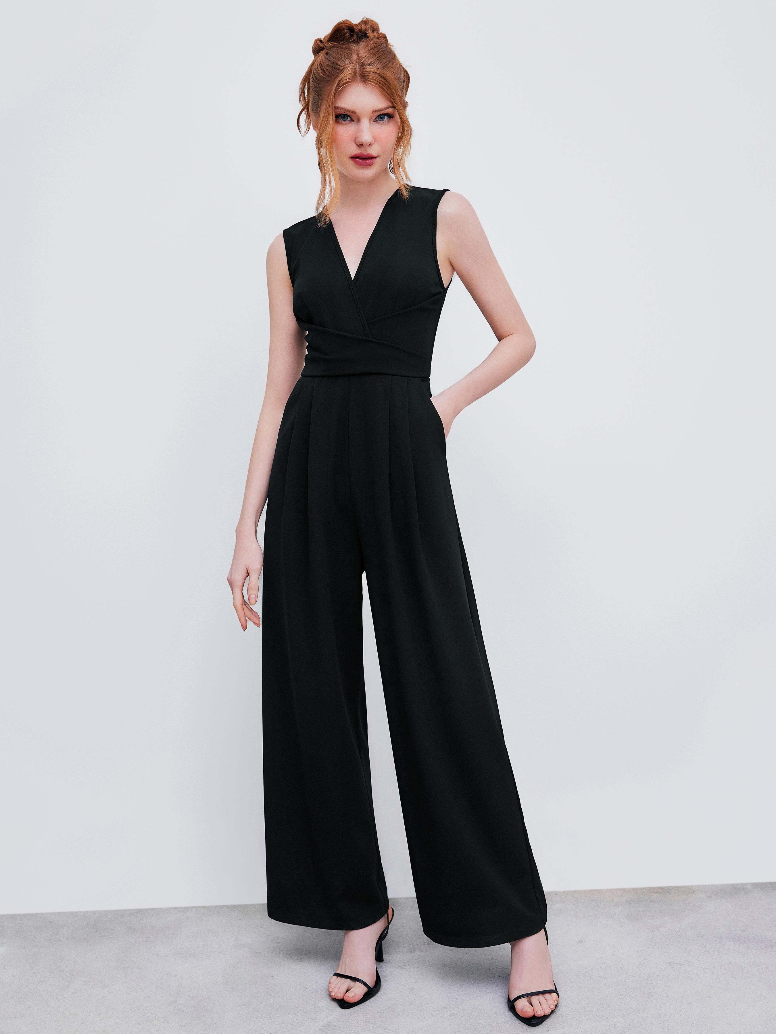 Woven V-neck Wrap Zipper Wide Leg Jumpsuit For Work
