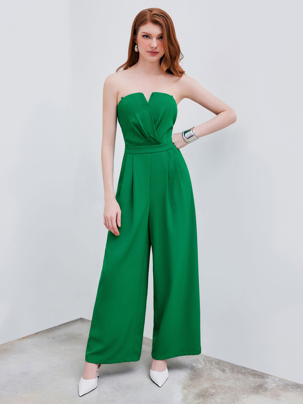 Woven Solid Shirred Pleated Straight Leg Jumpsuit