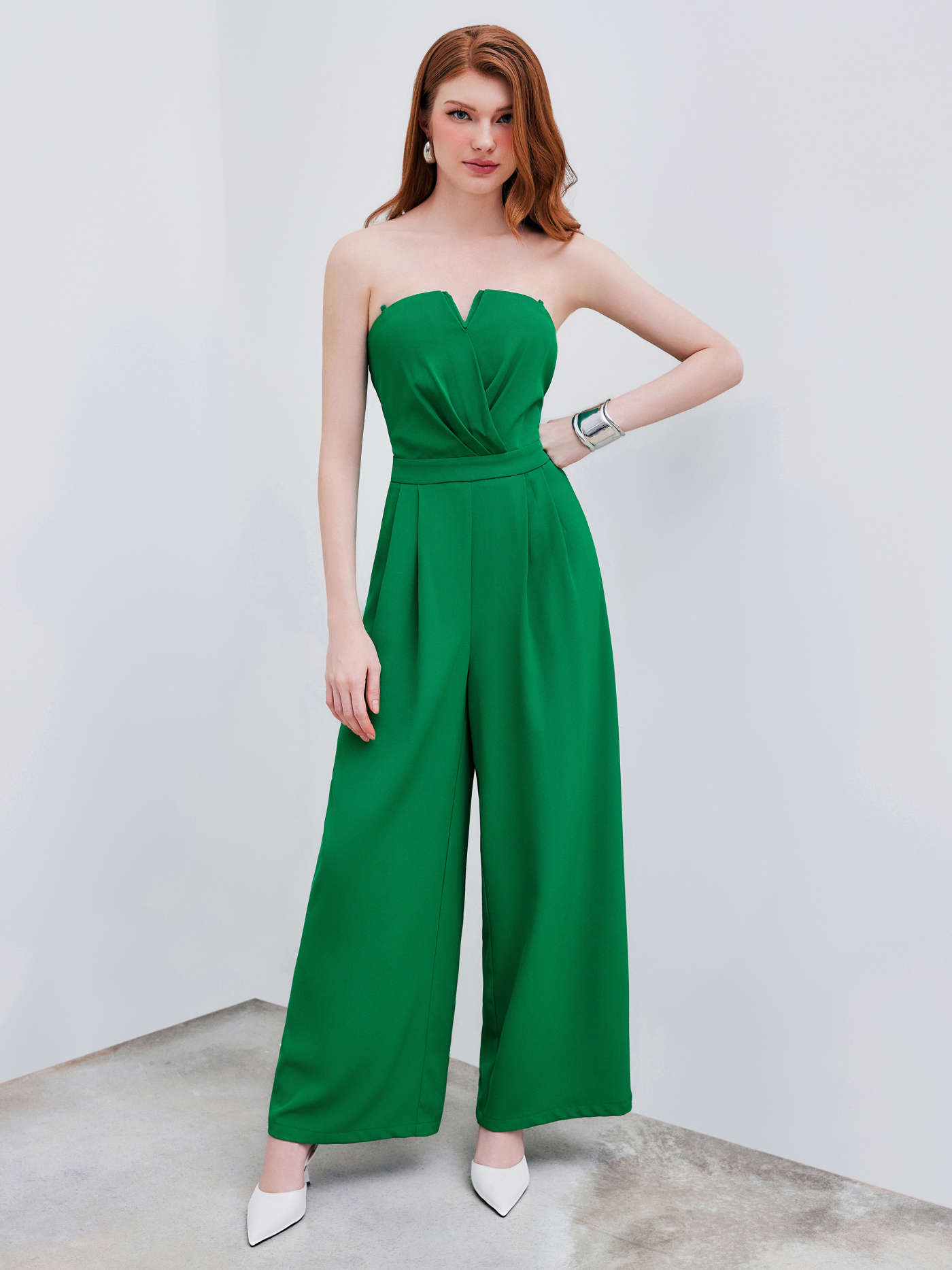 Woven Solid Shirred Pleated Straight Leg Jumpsuit