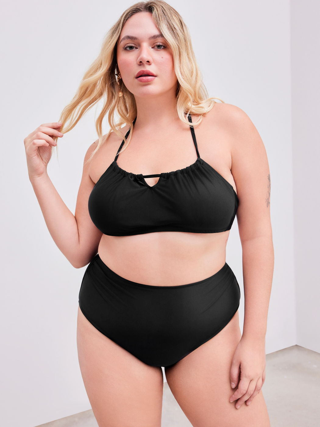 Shaping Halter Einfarbiger Geraffter Armband Bikini Badeanzug mit Vollabdeckung Kurve & Plus