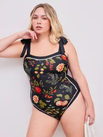 Shaping Square Neck Fruit & Floral Contrasting Binding Knotted One Piece Swimsuit Curve & Plus