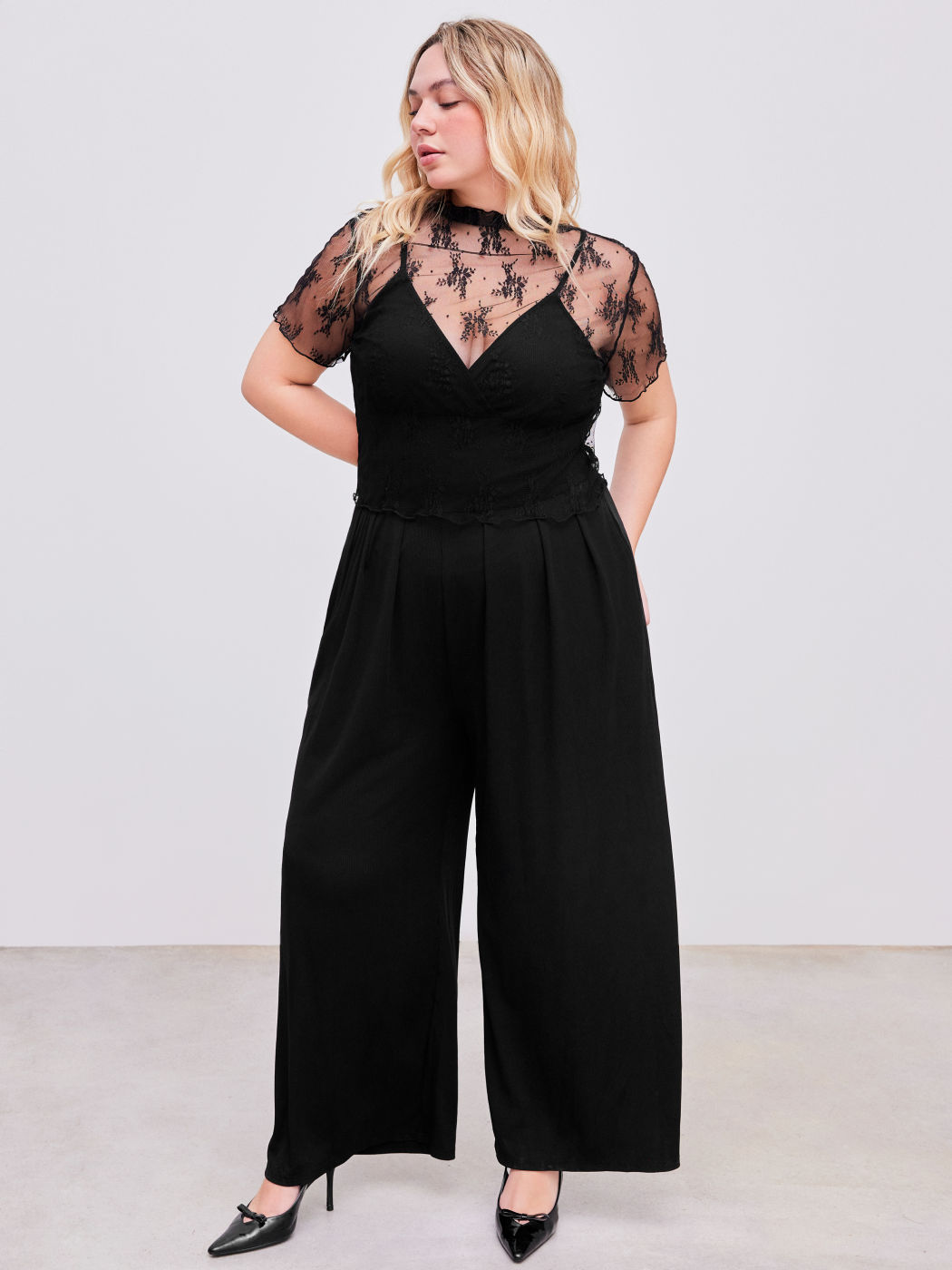 Lace See-through Top & V Neck Wide Leg Jumpsuit Curve & Plus