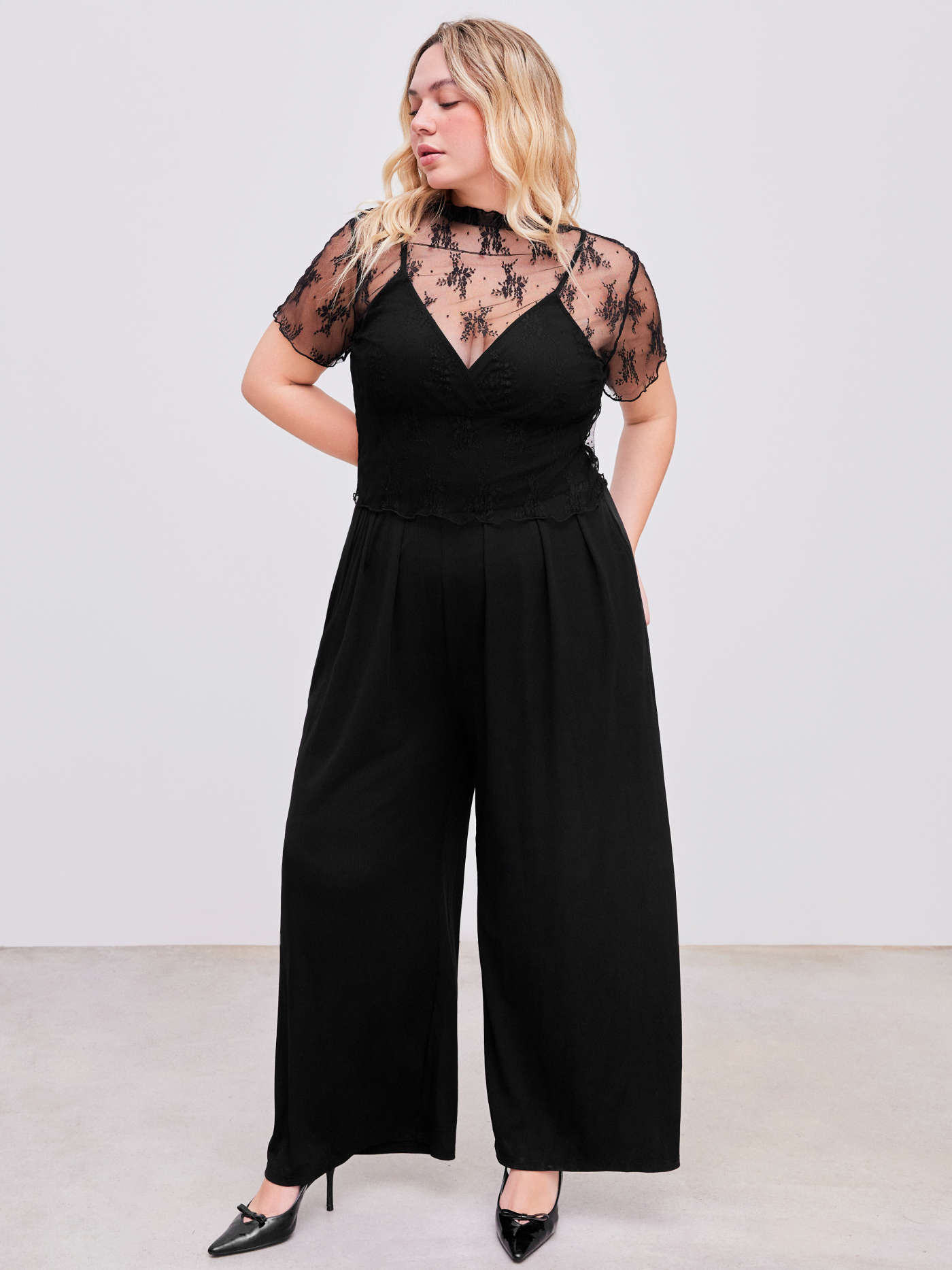 Lace See-through Top & V Neck Wide Leg Jumpsuit Curve & Plus