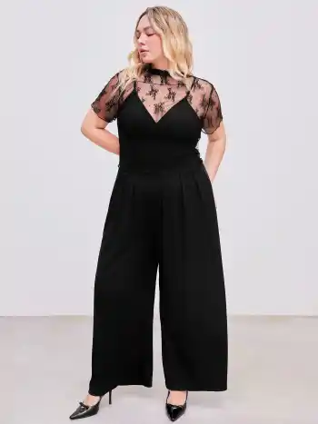 Lace See-through Top & V Neck Wide Leg Jumpsuit Curve & Plus