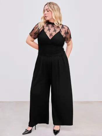 Lace See-through Top & V Neck Wide Leg Jumpsuit Curve & Plus