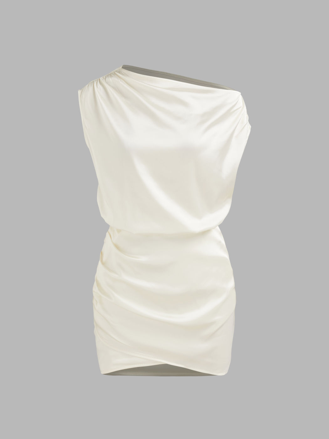 Satin Asymmetrical Neck Solid Ruched Mini Dress