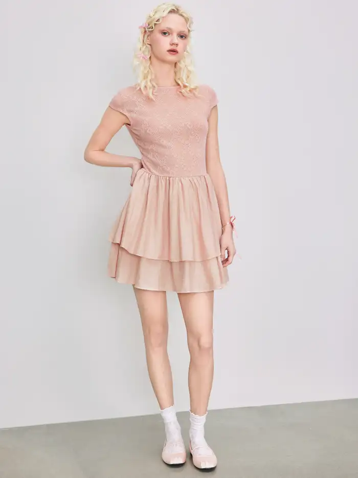 Sun Dresses Knit Fabric Boat Neck Ruffle Hem Backless Layered Mini Dress For Date Sun Dresses Knit Fabric Boat Neck Ruffle Hem Backless Layered Mini Dress For Date