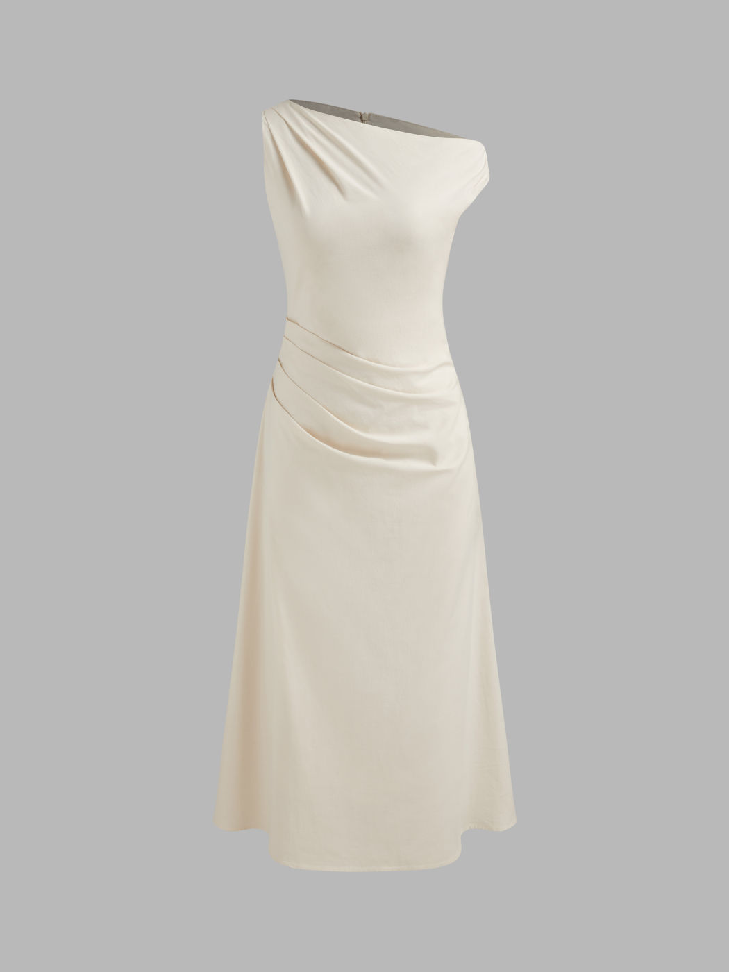 Asymmetrical Neck Solid Ruched Maxi Dress