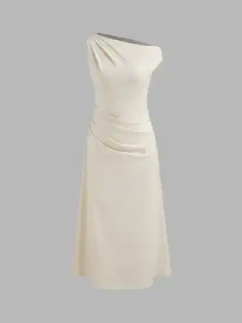 Asymmetrical Neck Solid Ruched Maxi Dress