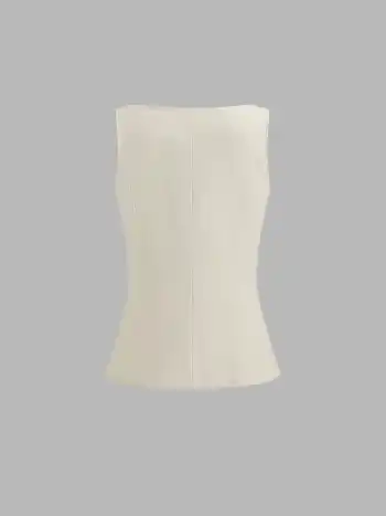 Woven Boat Neck Solid Button Vest