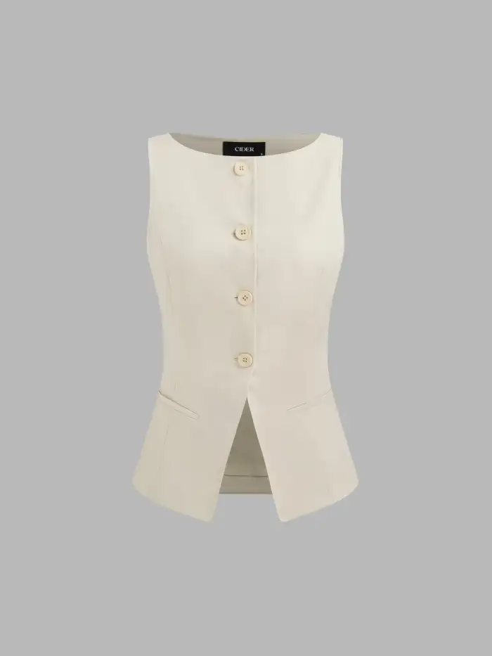 Woven Boat Neck Solid Button Vest