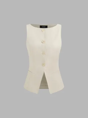Woven Boat Neck Solid Button Vest