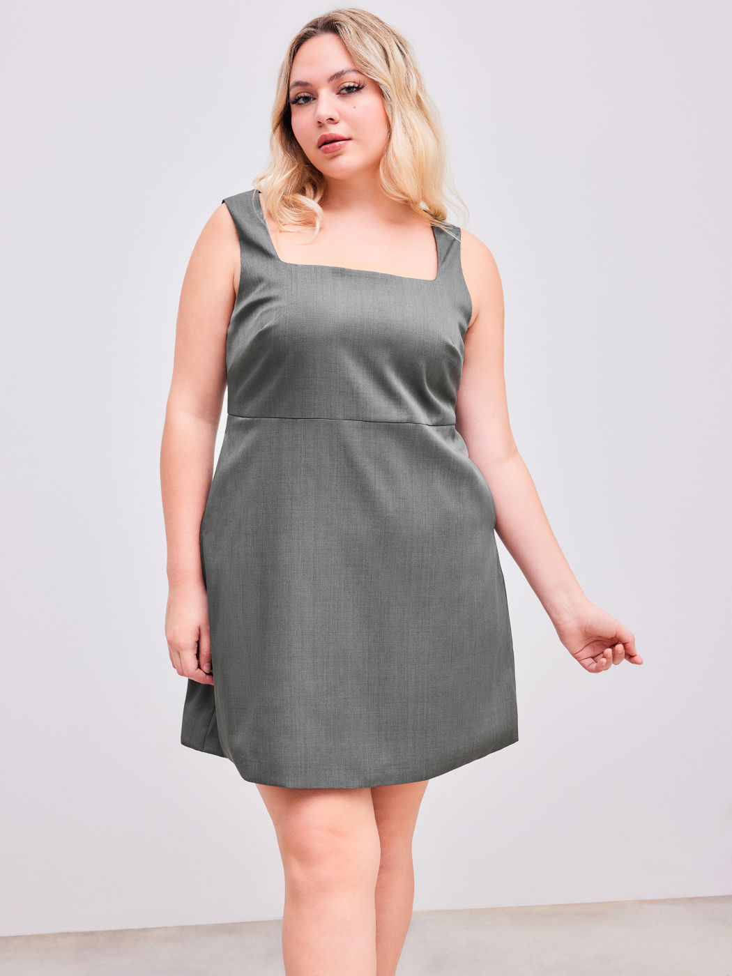 Woven Square Neck Solid Zipper Mini Dress Curve & Plus