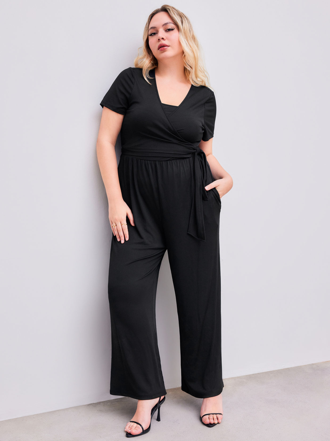 Jersey V-neck Solid Wrap Jumpsuit Curve & Plus