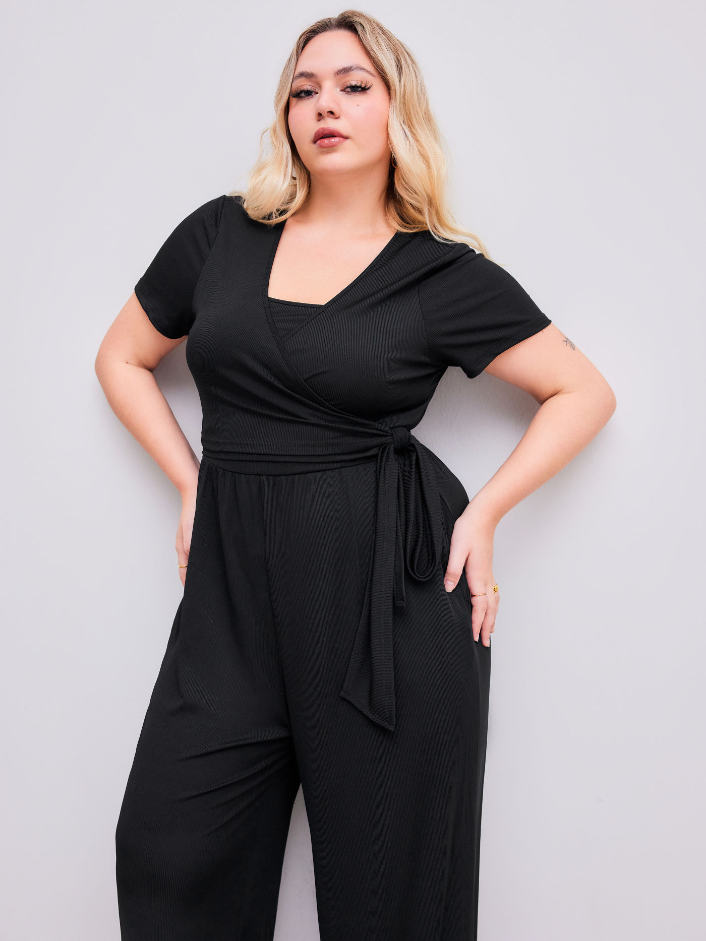 Jersey V-neck Solid Wrap Jumpsuit Curve & Plus