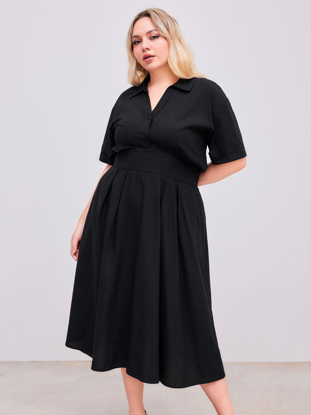  Leinen-Mix Kragen Rüschen Einfarbiges Maxikleid Kurve & Plus