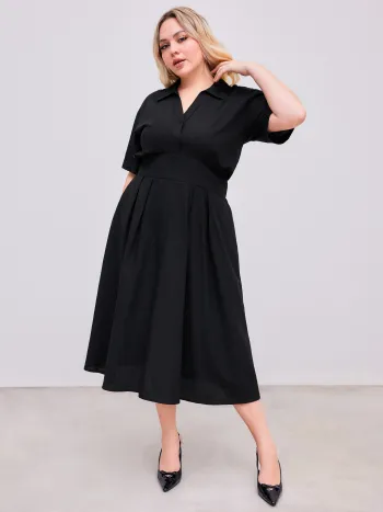  Leinen-Mix Kragen Rüschen Einfarbiges Maxikleid Kurve & Plus