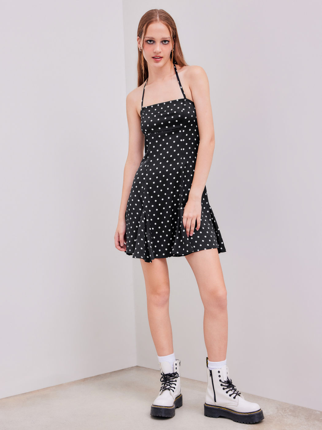 Satin Halter Polka Dot Mini Dress