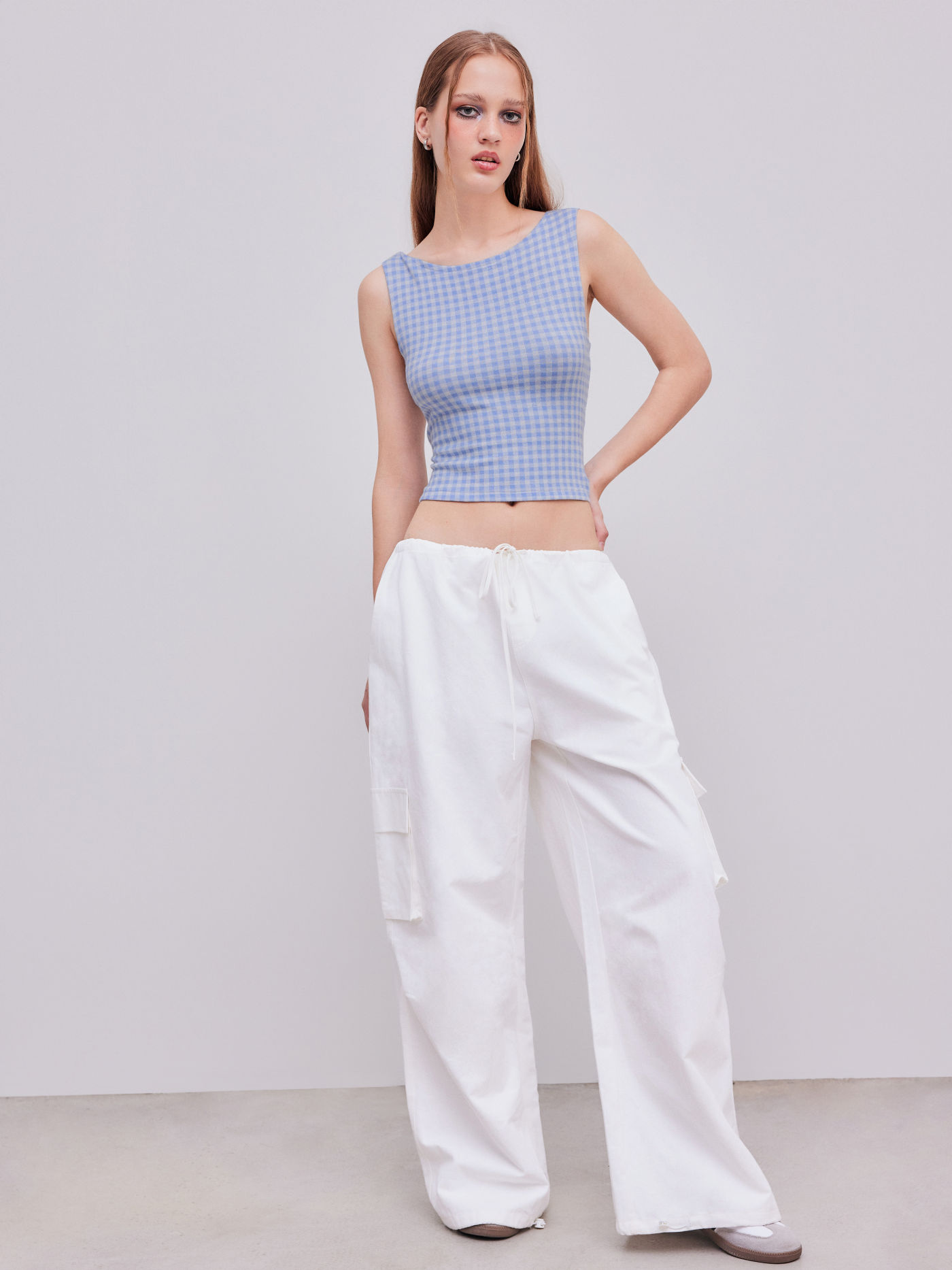 Boat Neck Gingham Bowknot Backless Crop Tank Top