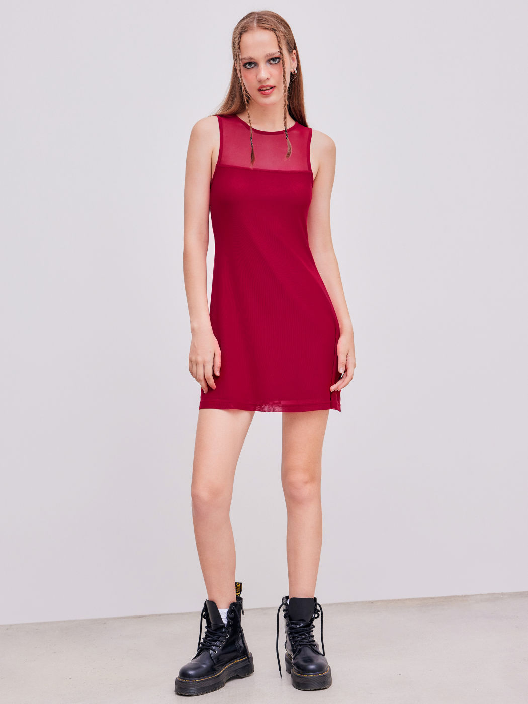  Mesh Rundhals Einfarbiges Minikleid