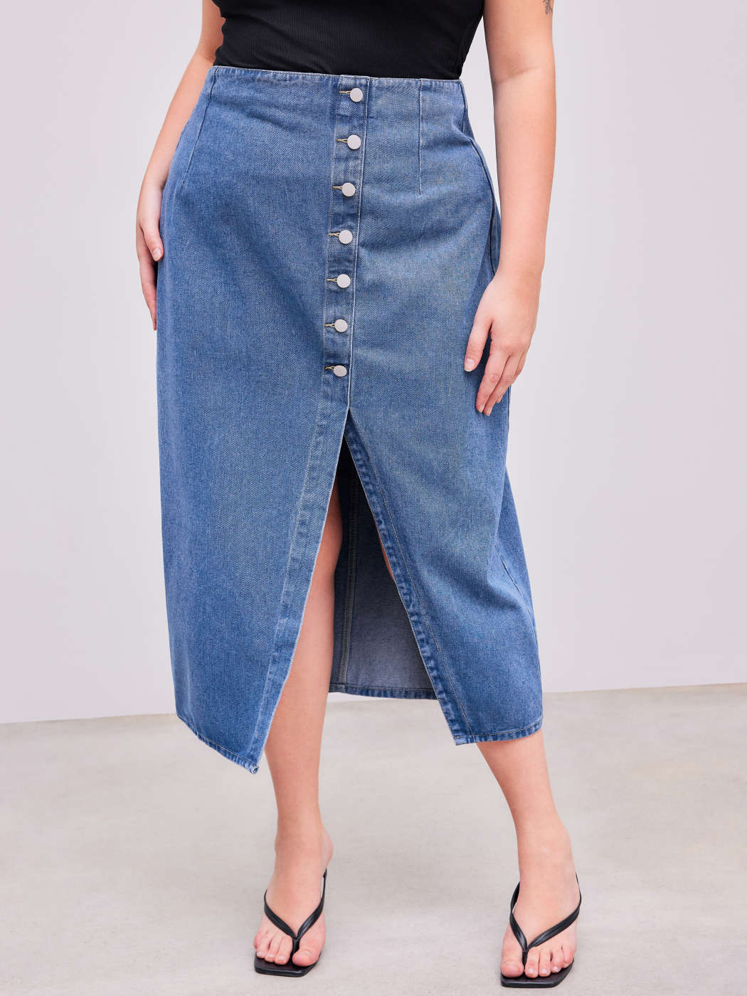 Jean Skirt Denim Denim Elastic Waist Solid Button Split Maxi Skirt