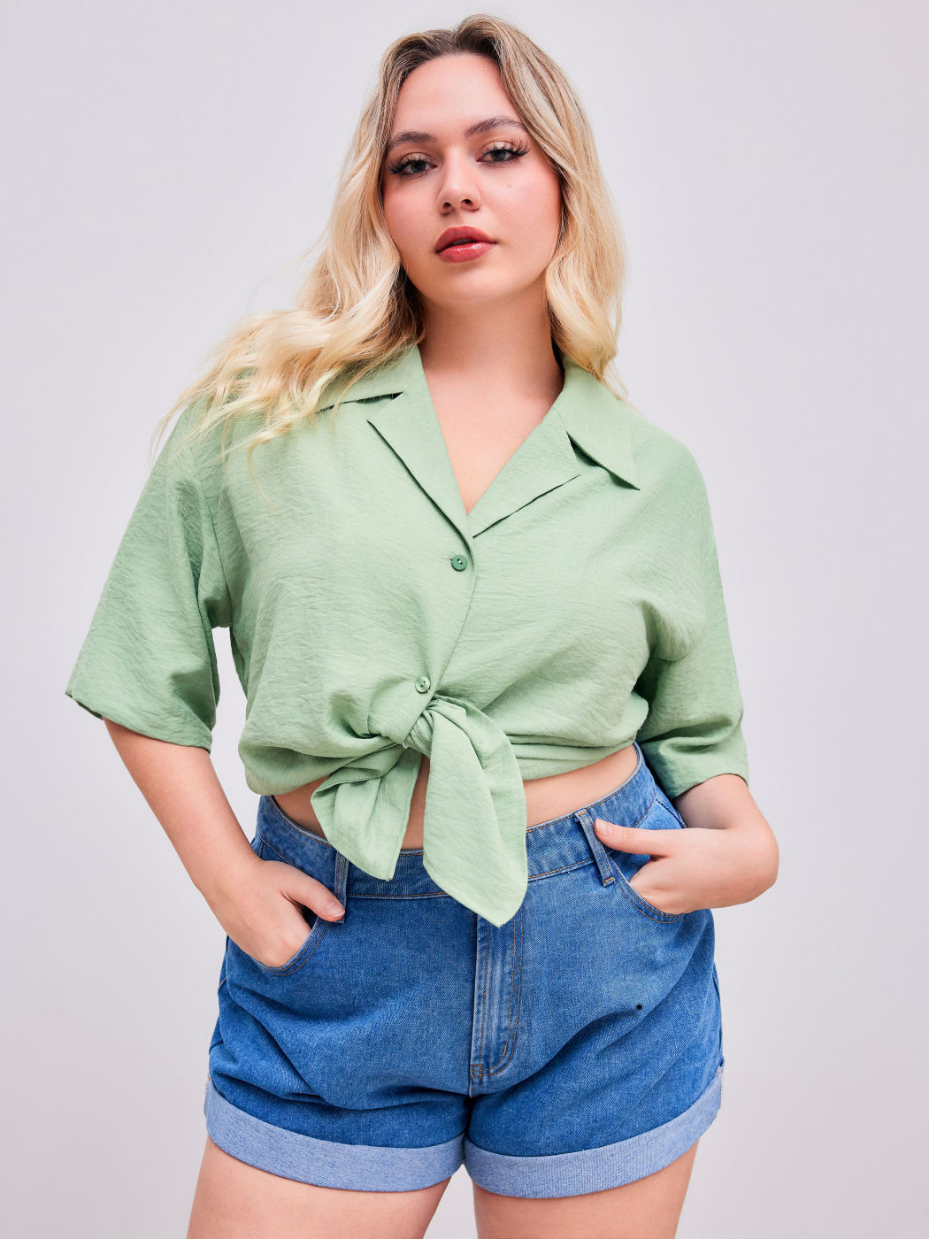 Linen-blend Collar Solid Short Sleeve Shirt Curve & Plus