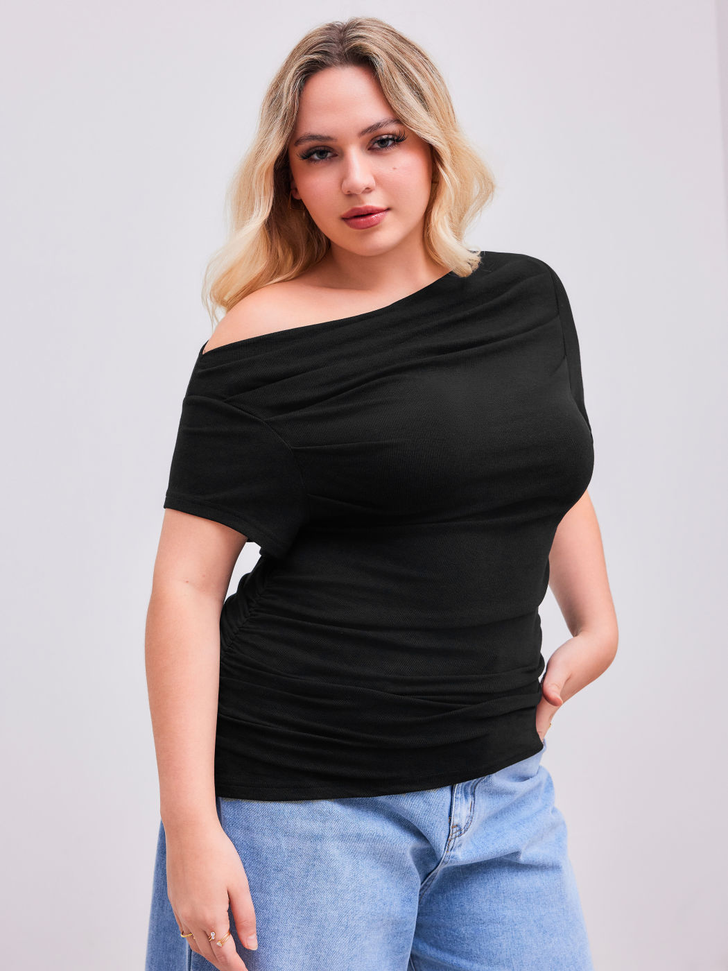  Asymmetrischer Ausschnitt Gerafftes Kurzarm-Oberteil Kurve & Plus
