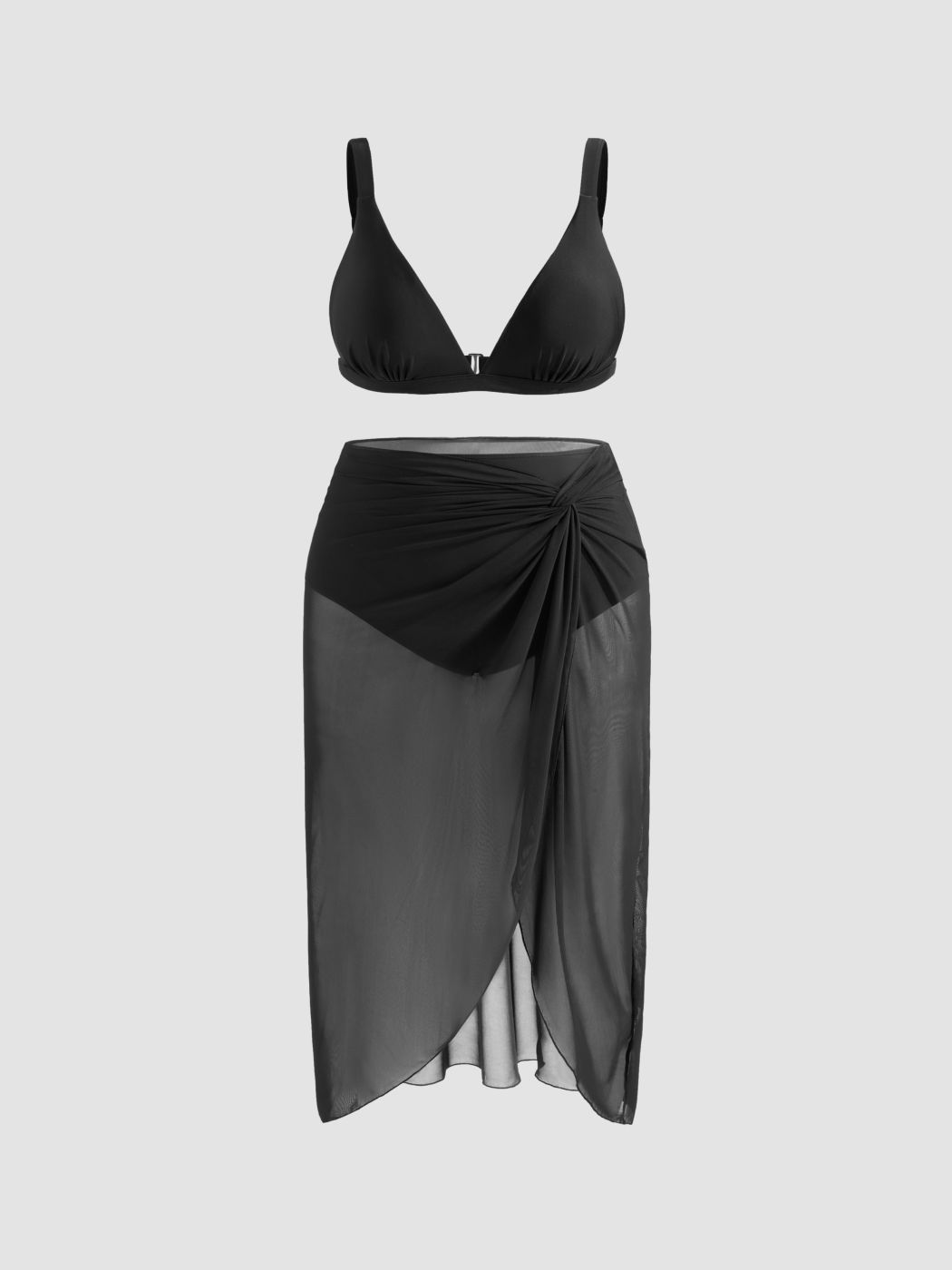 V-neck Solid Bracelet Full Coverage Bikini Set With Mesh Twist Sarong Curve & Plus