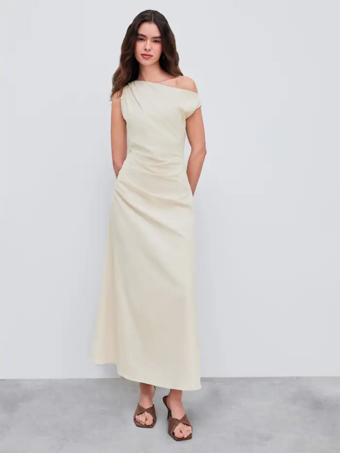 Satin Cowl Neck 3D Floral Ruched Mermaid Maxi Dress