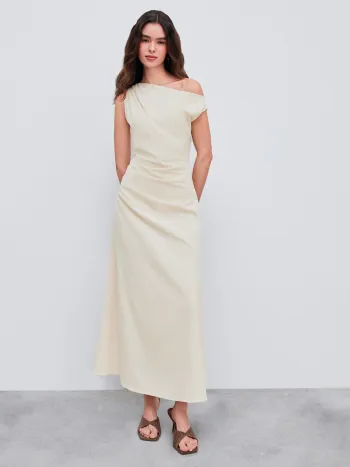 Asymmetrical Neck Solid Ruched Maxi Dress
